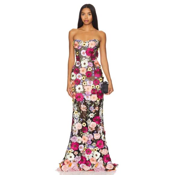 $1500 New Bronx and Banco Jasmine Multi Floral Embroidered Straples Gown Sz L /8 - Picture 2 of 16